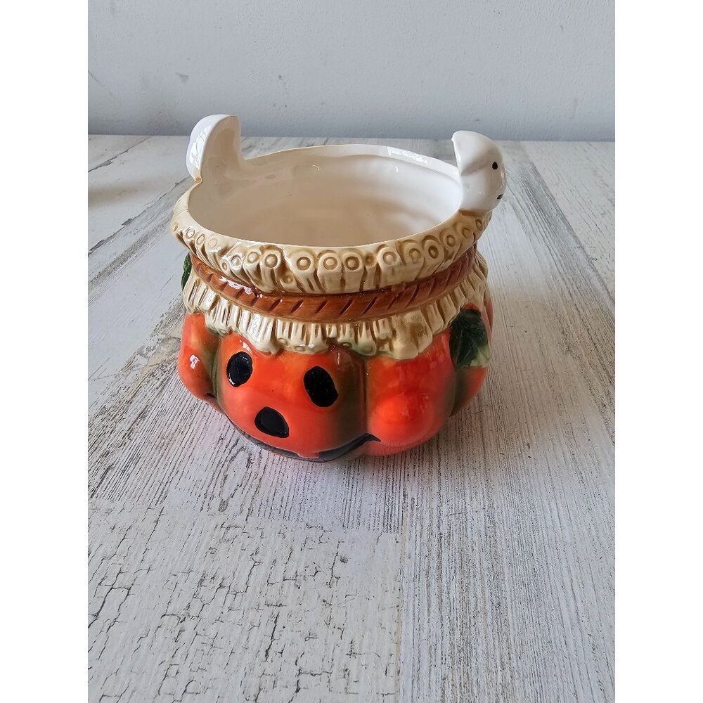 Vintage ceramic jack-o'-lantern pumpkin ghost basket as‎ is Halloween decor